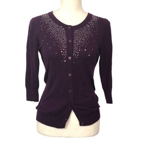 MERONA Cardigan Sweater Women's Size XS Purple Sequins 3/4 Sleeve 100% Cotton